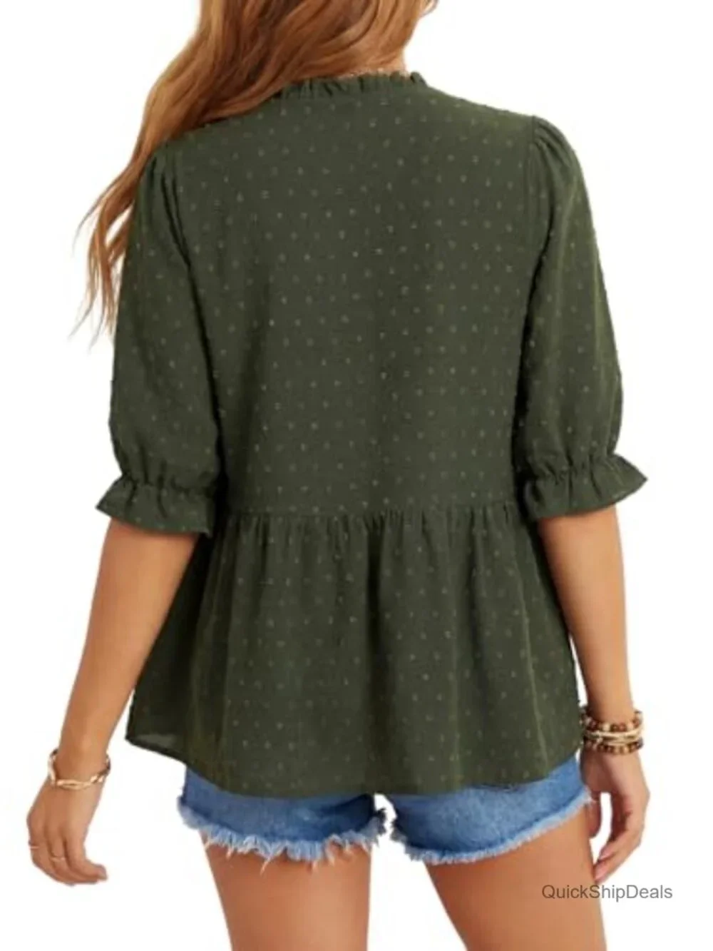 Swiss Dot Ruffle V Neck Peplum Boho Blouse